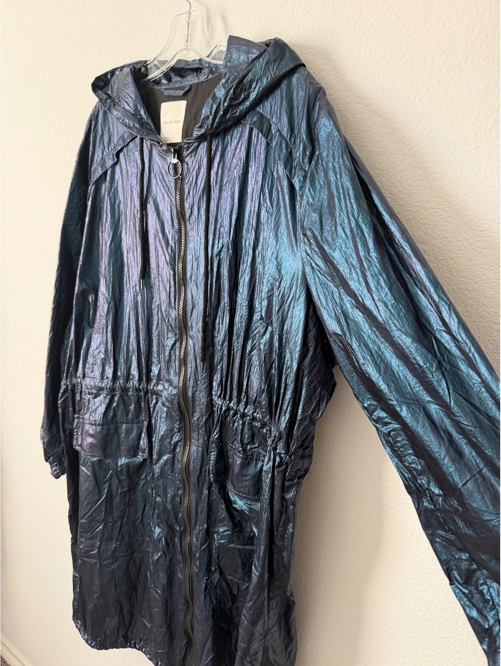 Avec Les Filles Teal Tone Metallic Long Sleeve Zip Up Hooded Rain Jacket Size L - Picture 4 of 9